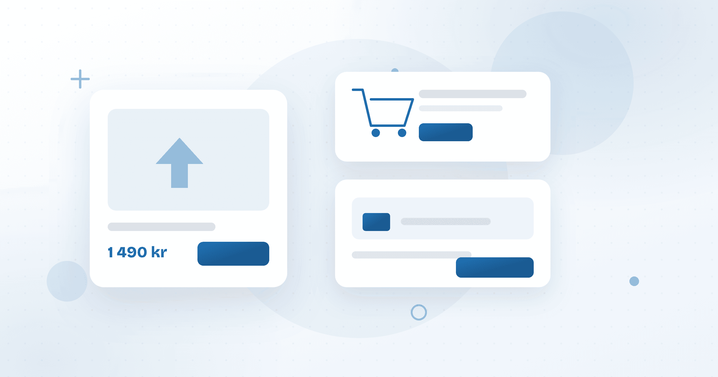 Illustrasjon av en nettbutikk med produktkort og handlevogn-elementer